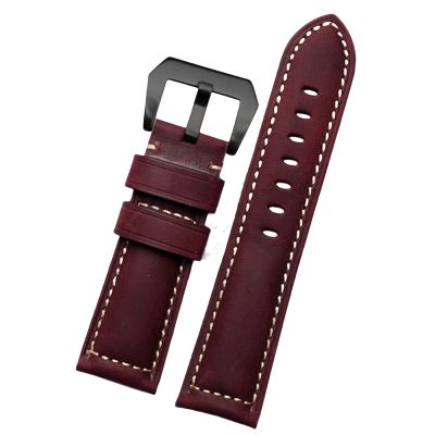 20mm 22mm 24mm 26mm Genuine Leather Retro Man Watch Band for Panerai PAM111 441 Cowhide Watchband Wrist Strap (Color : Wine red Black, Size : 22mm)