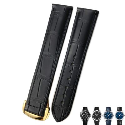 21mm 20mm 22mm Cow Leather Watch Strap for Omega Seamaster 300 Speedmaster Watch Bands (Color : 10mm Gold Clasp, Size : 20mm)