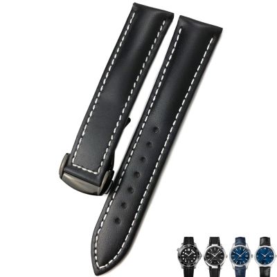 21mm 20mm 22mm Cow Leather Watch Strap for Omega Seamaster 300 Speedmaster Watch Bands (Color : Black White Black, Size : 20mm)