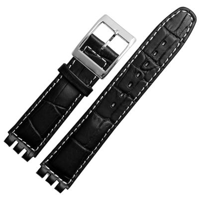 17mm 19mm Genuine Calf Leather Wrist Strap for Swatch Watch Band Men Women Alligator Pattern Bracelet Watchband Accessories (Color : Black White line, Size : 19mm)