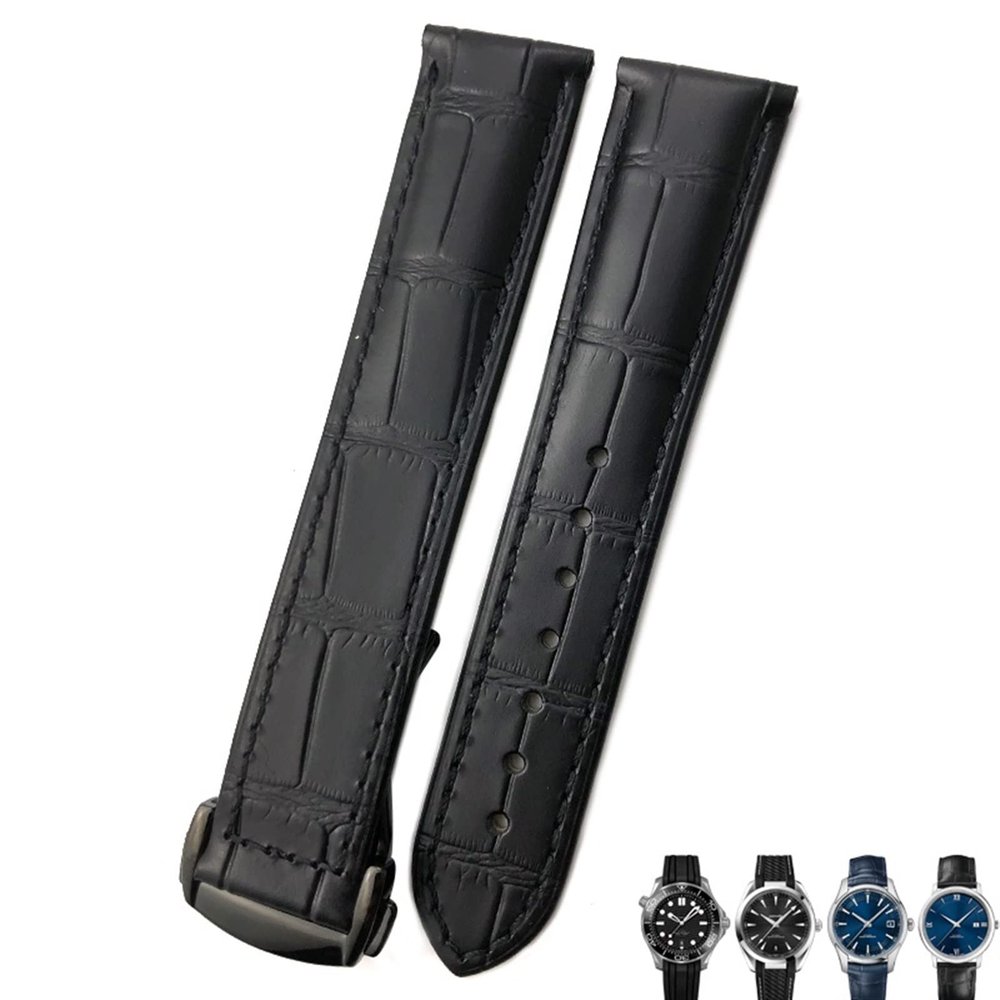 21mm 20mm 22mm Cow Leather Watch Strap for Omega Seamaster 300 Speedmaster Watch Bands (Color : Black Black, Size : 22mm)