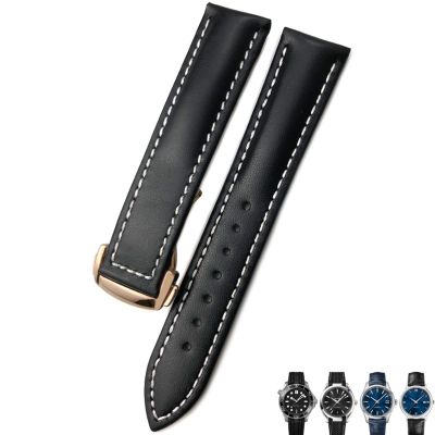 21mm 20mm 22mm Cow Leather Watch Strap for Omega Seamaster 300 Speedmaster Watch Bands (Color : Black White Rose, Size : 20mm)