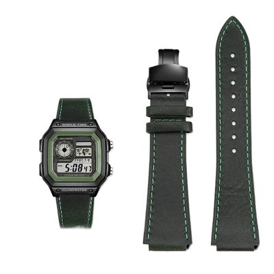 18MM Retro Cowhide quick release Watchband fit for Casio G-Shock A158/A158W/A168/f91w/AE-1200/A159/A169/AE1300(Green black)