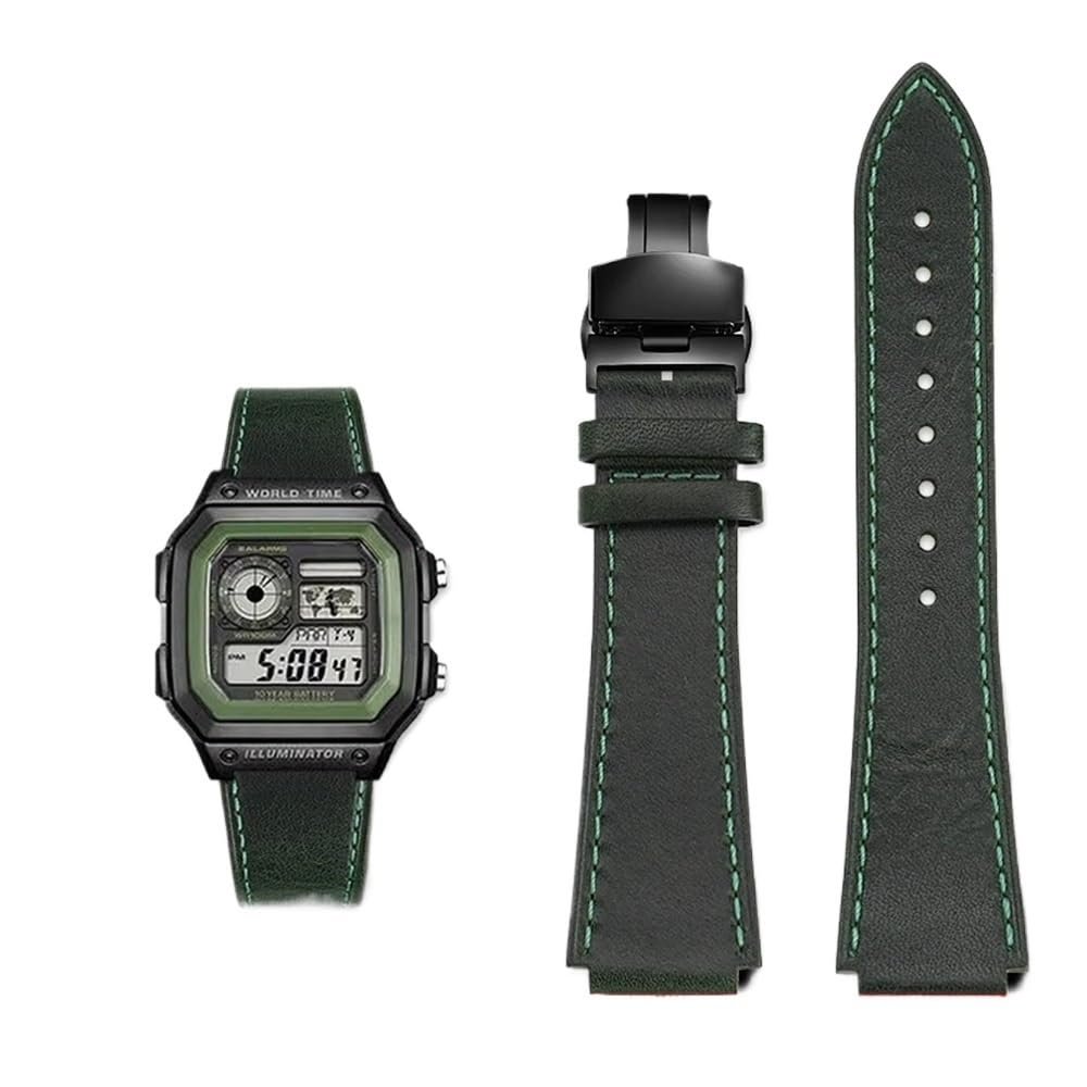 18MM Retro Cowhide quick release Watchband fit for Casio G-Shock A158/A158W/A168/f91w/AE-1200/A159/A169/AE1300(Green black)