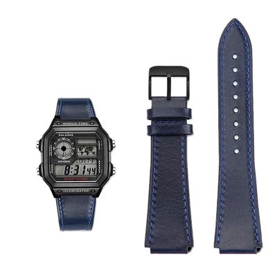 18MM Retro Cowhide quick release Watchband fit for Casio G-Shock A158/A158W/A168/f91w/AE-1200/A159/A169/AE1300(Blue black pin)