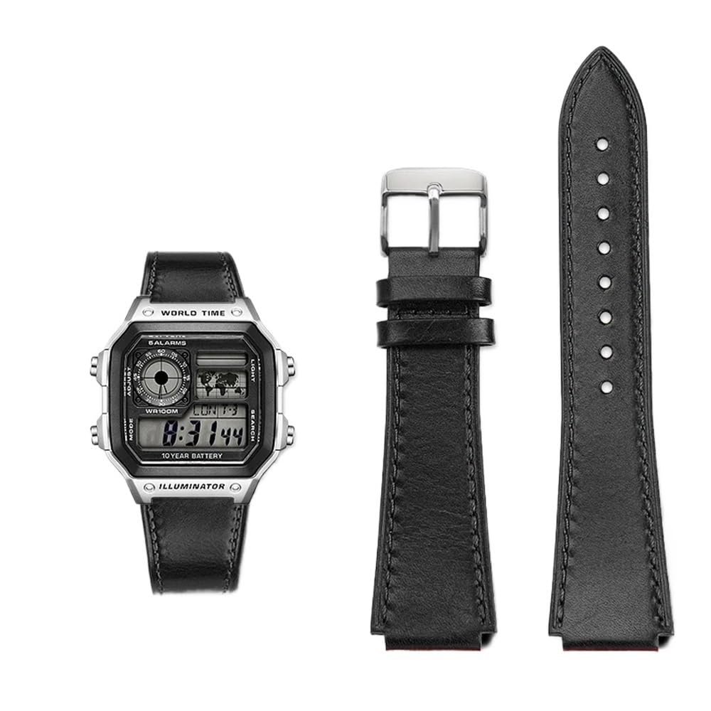 18MM Retro Cowhide quick release Watchband fit for Casio G-Shock A158/A158W/A168/f91w/AE-1200/A159/A169/AE1300(Black silver pin)