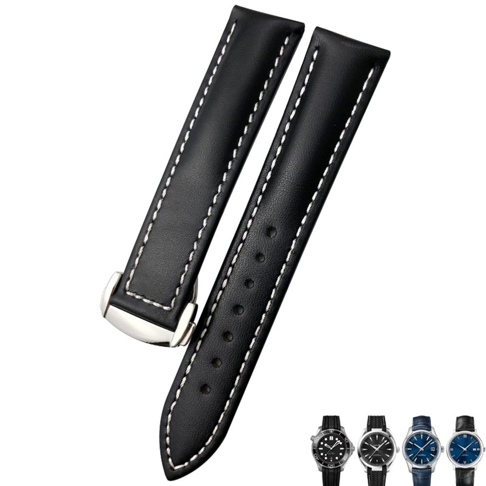 21mm 20mm 22mm Cow Leather Watch Strap for Omega Seamaster 300 Speedmaster Watch Bands (Color : Black White Silver, Size : 21mm)