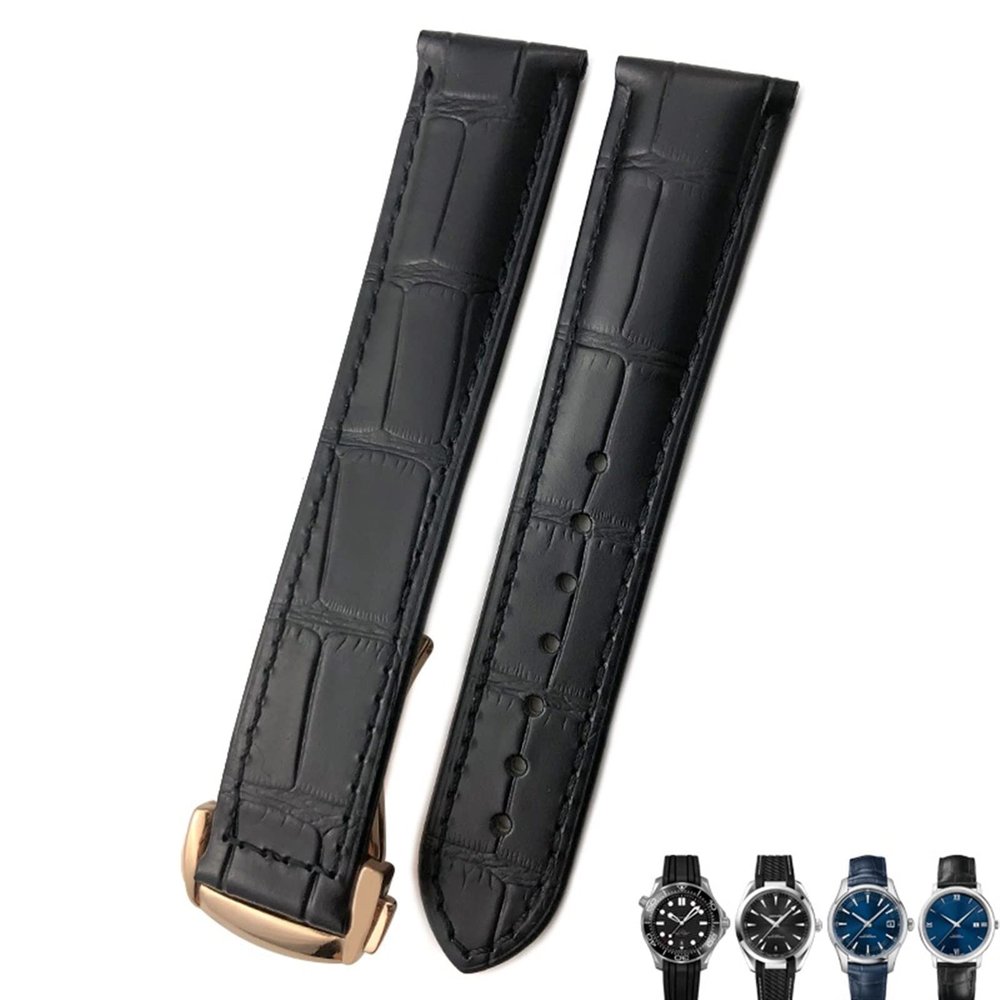 21mm 20mm 22mm Cow Leather Watch Strap for Omega Seamaster 300 Speedmaster Watch Bands (Color : Black Rose, Size : 22mm)
