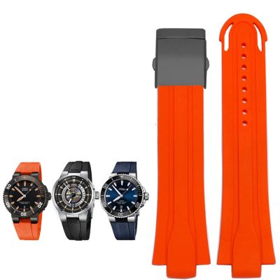 24mm*12mm Lug End Rubber Waterproof Watchband for Oris Wristband Silicone Watch Strap Stainless Steel Folding Clasp (Color : Orange-Black, Size : 24-12mm)