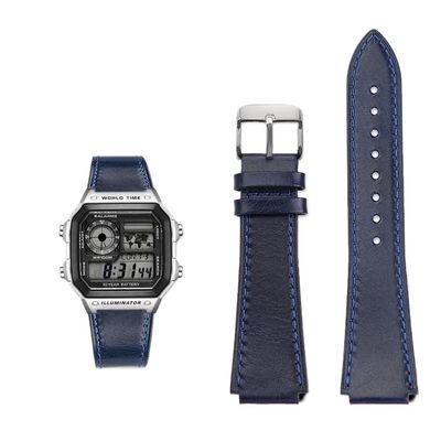 18MM Retro Cowhide quick release Watchband fit for Casio G-Shock A158/A158W/A168/f91w/AE-1200/A159/A169/AE1300(Blue silver pin)