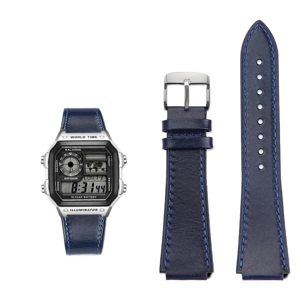 18MM Retro Cowhide quick release Watchband fit for Casio G-Shock A158/A158W/A168/f91w/AE-1200/A159/A169/AE1300(Blue silver pin)