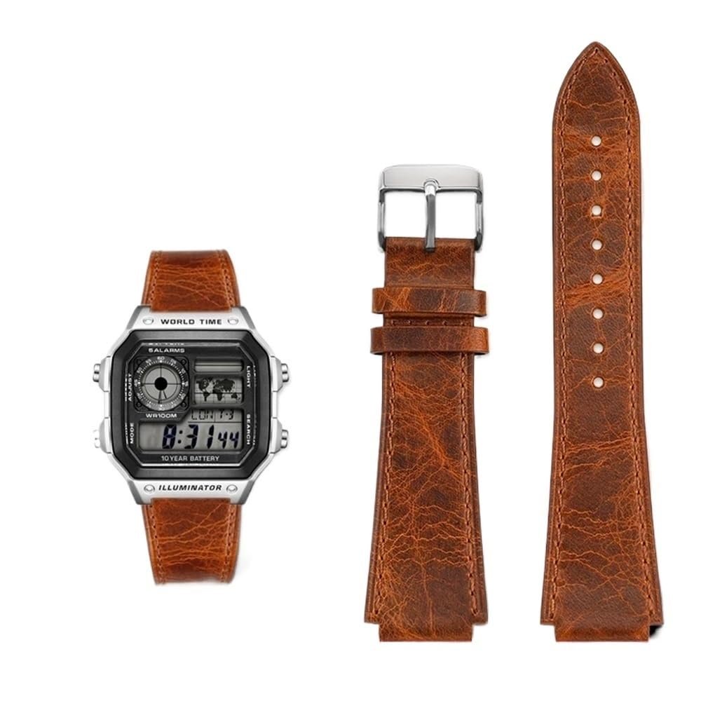 18MM Retro Cowhide quick release Watchband fit for Casio G-Shock A158/A158W/A168/f91w/AE-1200/A159/A169/AE1300(Brown silver pin)