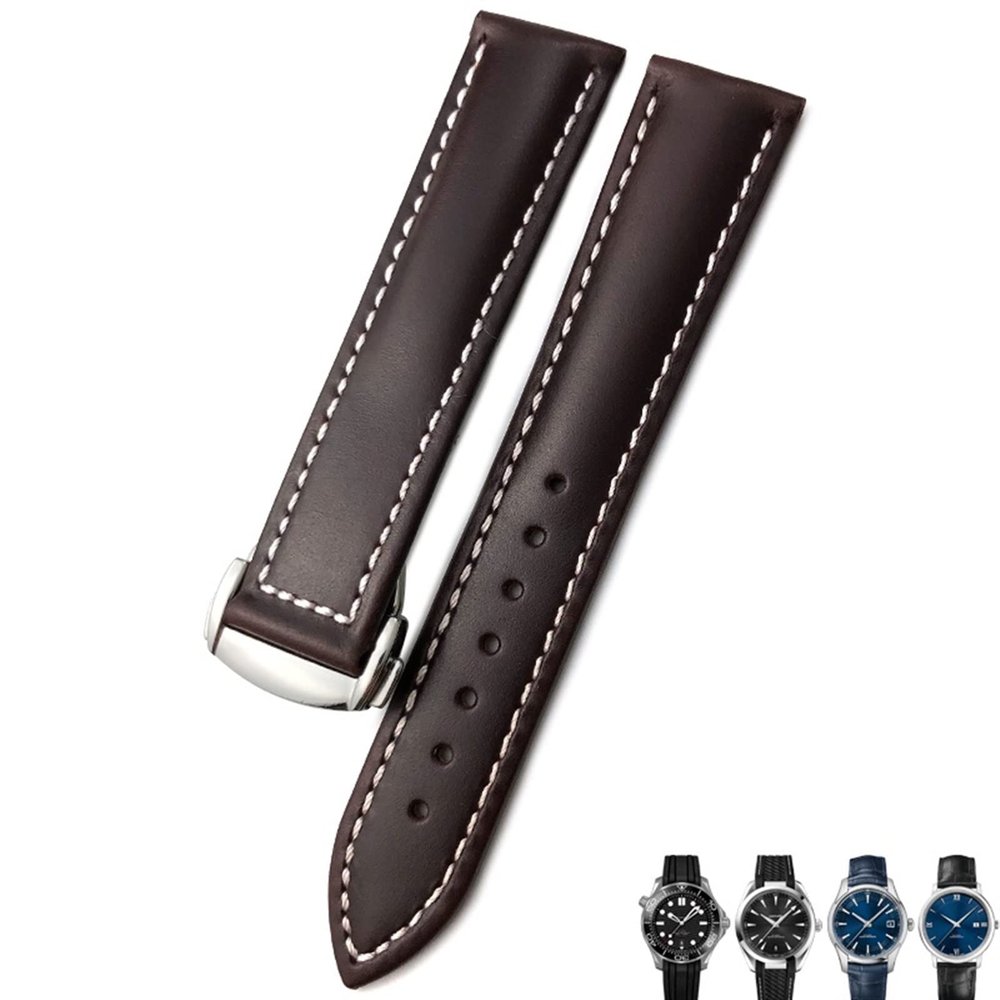 21mm 20mm 22mm Cow Leather Watch Strap for Omega Seamaster 300 Speedmaster Watch Bands (Color : Dark Brown Silver, Size : 21mm)
