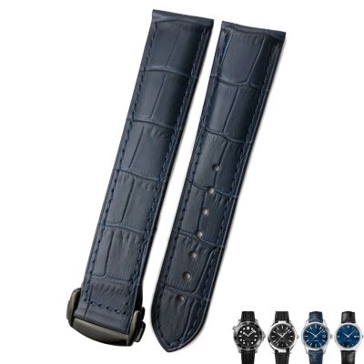 21mm 20mm 22mm Cow Leather Watch Strap for Omega Seamaster 300 Speedmaster Watch Bands (Color : Blue Black, Size : 20mm)