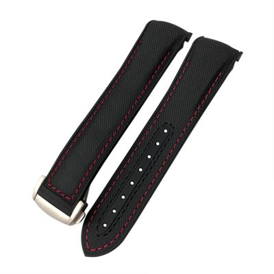 20mm 21mm 22mm Nylon Rubber Watch Band Fit for Omega GMT Seamaster Planet Ocean 600 8900 Orange Canvas Silicone Strap (Color : Black red, Size : 21mm)