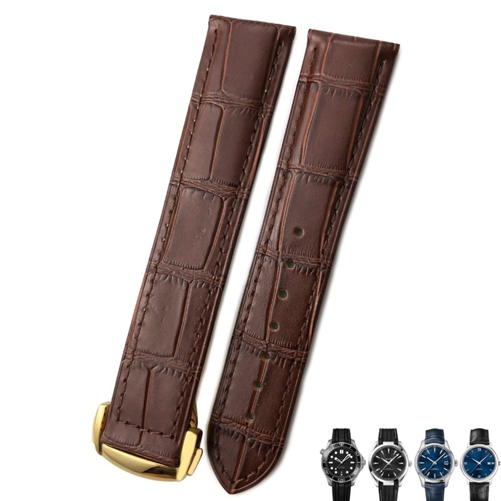 21mm 20mm 22mm Cow Leather Watch Strap for Omega Seamaster 300 Speedmaster Watch Bands (Color : Brown Brown Gold, Size : 21mm)