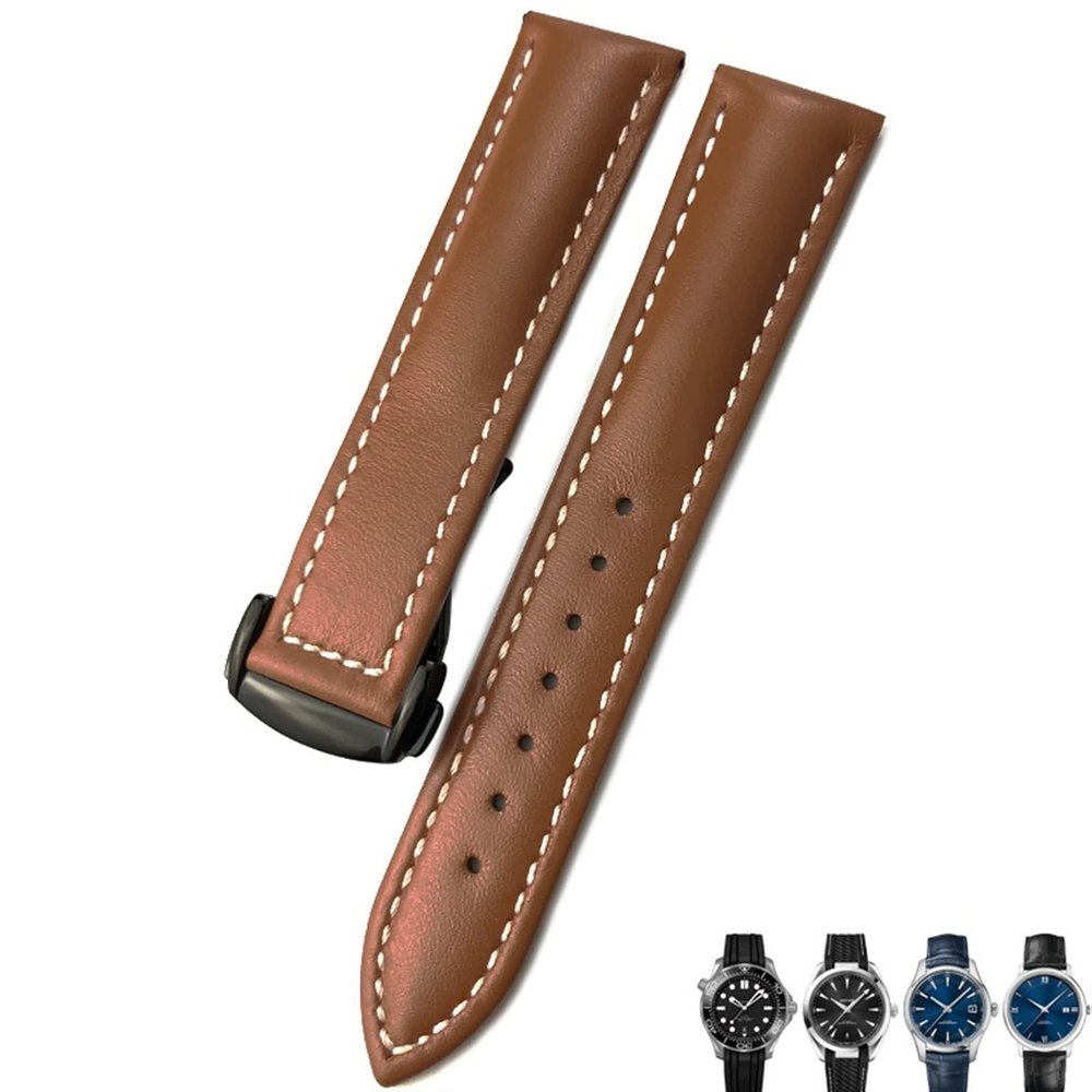 21mm 20mm 22mm Cow Leather Watch Strap for Omega Seamaster 300 Speedmaster Watch Bands (Color : Brown Black, Size : 22mm)
