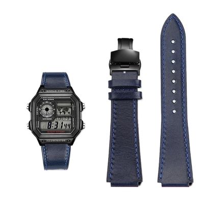 18MM Retro Cowhide quick release Watchband fit for Casio G-Shock A158/A158W/A168/f91w/AE-1200/A159/A169/AE1300(Blue black)