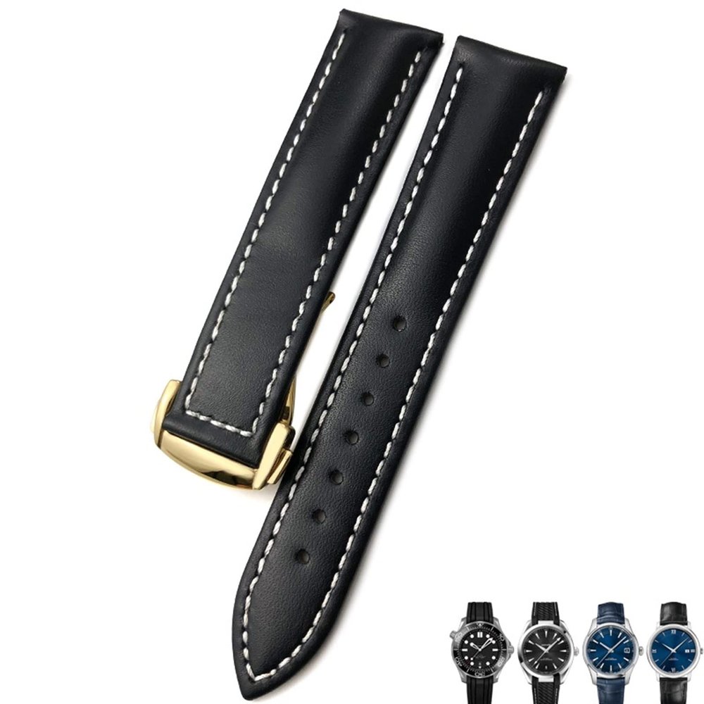 21mm 20mm 22mm Cow Leather Watch Strap for Omega Seamaster 300 Speedmaster Watch Bands (Color : Black White Gold, Size : 21mm)