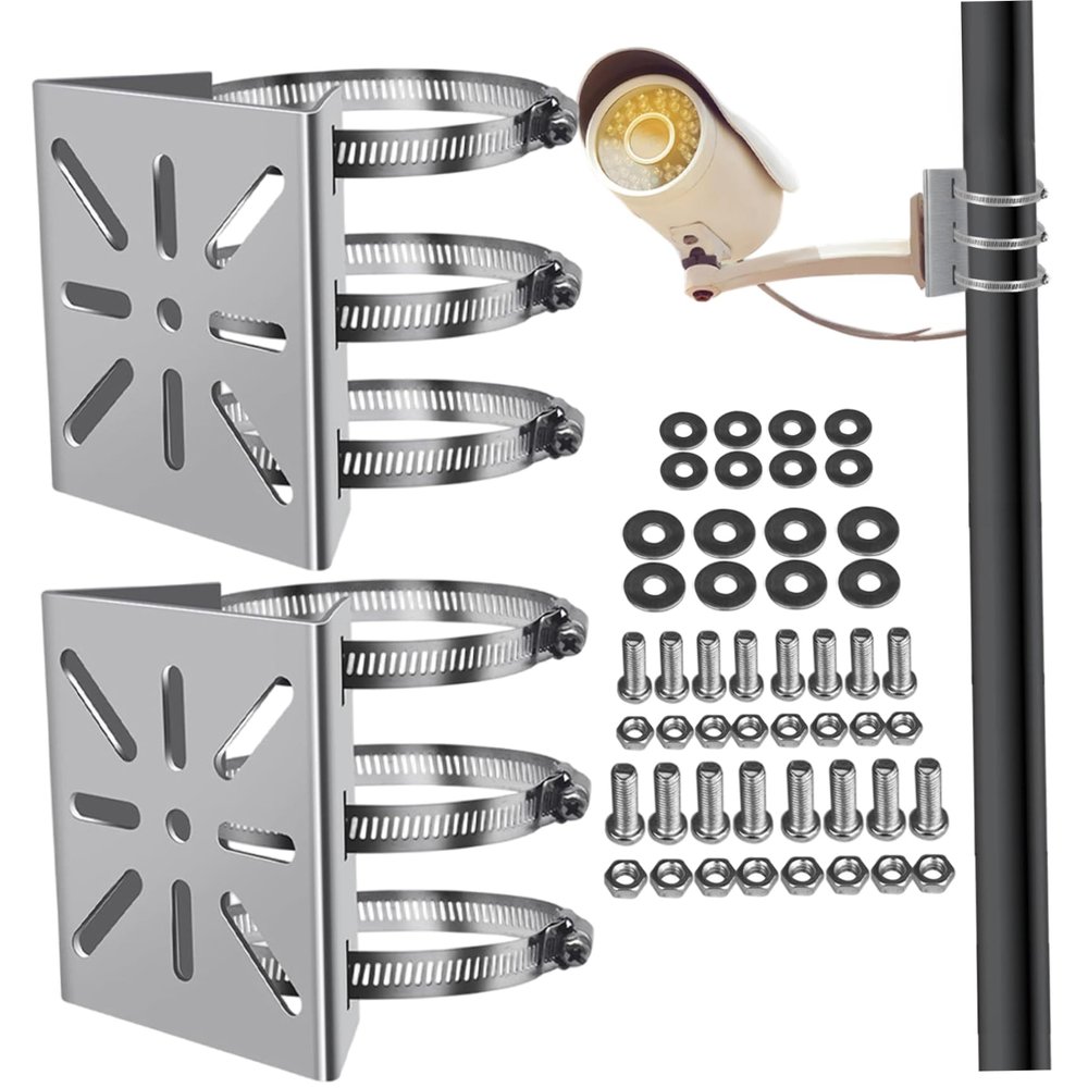 2Pcs Camera Pole Mount, Stainless Steel Security Camera Mount with 6 Adjustable Loops & Screws, Multi-Hole Mounting Brackets for Indoor Outdoor