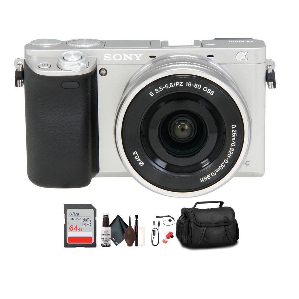Sony Alpha a6000 Mirrorless Camera with 16-50mm Lens (Silver) with Bag, 64GB Memory Card, Card Reader, Plus Essential Accessories