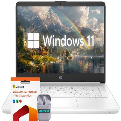 HP 14" Laptop Computer, Windows 11 Home 8GB RAM 192GB Storage (64GB eMMC+128GB SD Card), Intel Celeron N4120, HD LED Display, 1-Year Microsoft Office 365, SageNova Earphones, Snowflake White