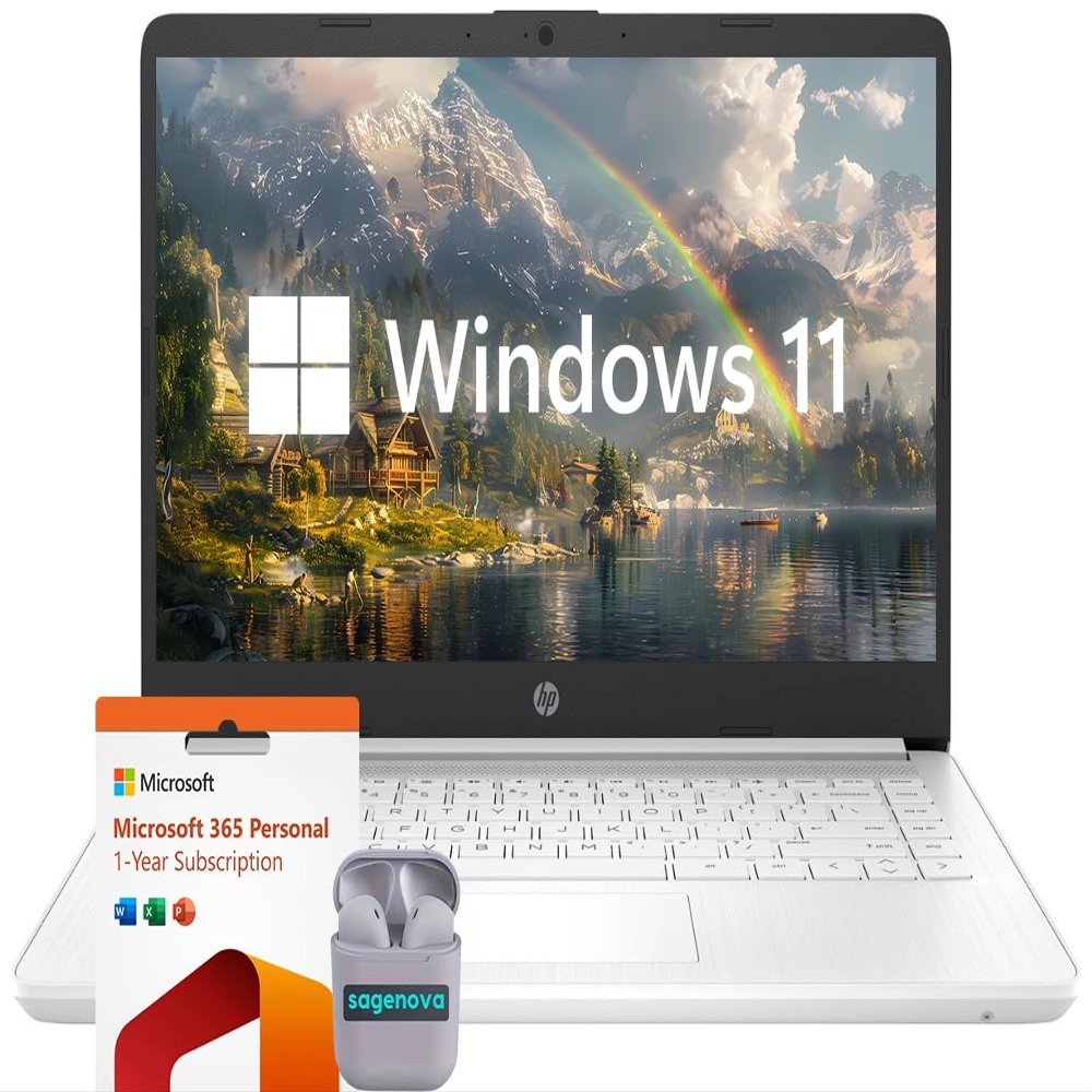 HP 14" Laptop Computer, Windows 11 Home 8GB RAM 192GB Storage (64GB eMMC+128GB SD Card), Intel Celeron N4120, HD LED Display, 1-Year Microsoft Office 365, SageNova Earphones, Snowflake White