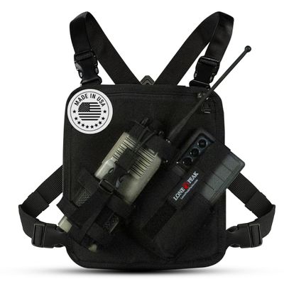 Lone Peak US Made Radio Chest Rig Harness w/phone holster -Sling Bag Alternative Search and Rescue Shoulder Vest - Outdoor EDC Tactical bag for men - Radio Chest Pack for running, hunting, Hiking, EMS