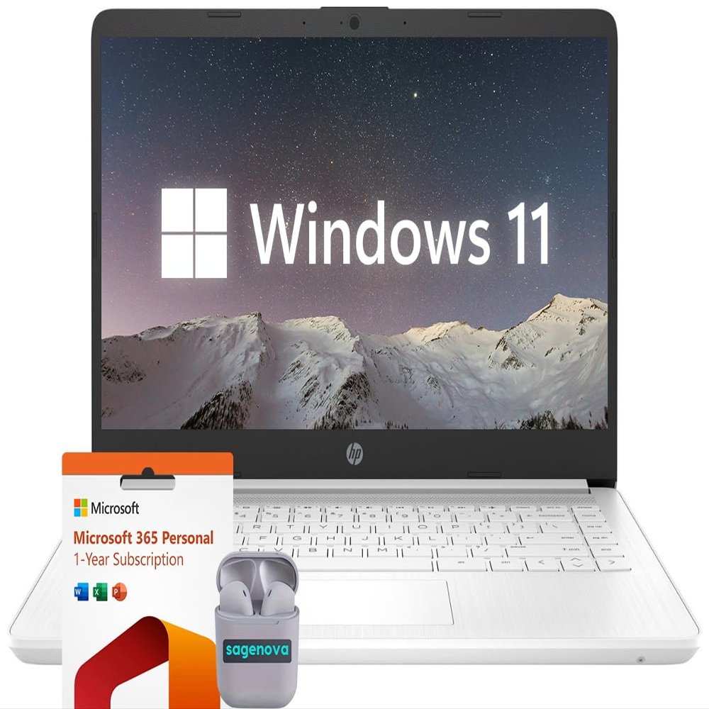 HP 14" Business Laptop Computer, Windows 11 Home 16GB RAM 320GB Storage (64GB eMMC+256GB SD Card), Intel Celeron N4120 Processor, 1-Year Microsoft Office 365, SageNova Earphones, Snowflake White