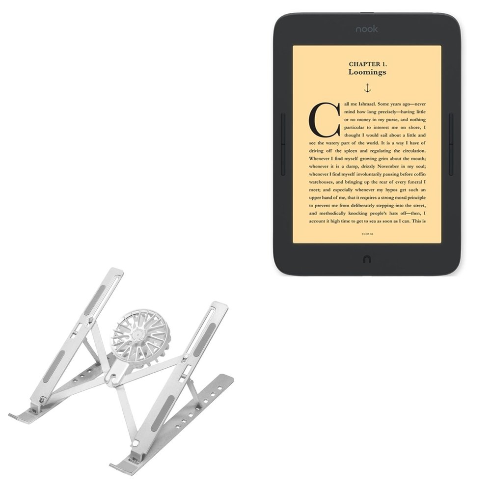BoxWave Stand and Mount Compatible with Barnes & Noble Nook GlowLight Plus (2019 Edition 7.8 in) - QuickSwitch Stand with Cooling Fan, Portable, Multi Angle Viewing Ventilator - Metallic Silver
