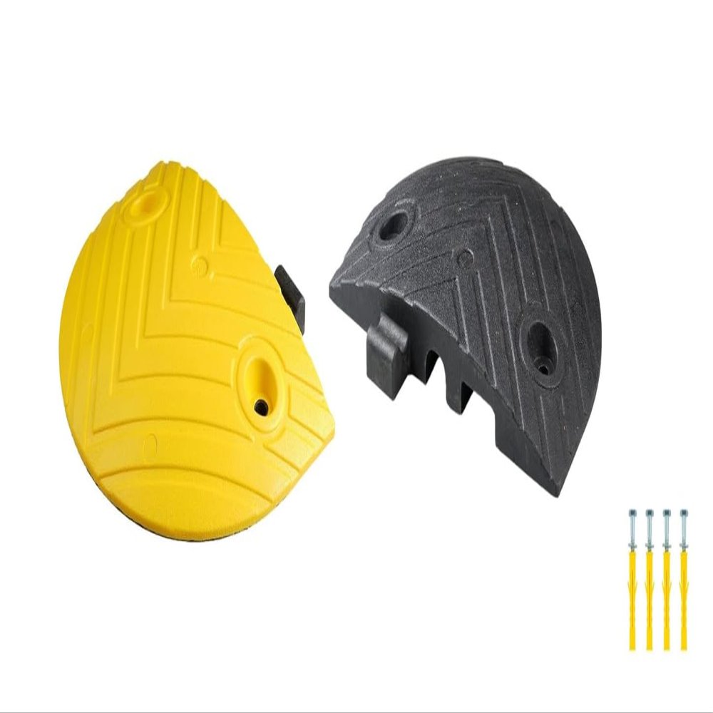 Pittman XPT Eco End-Caps for Modular Speed Bump Kit, 2" Height, High Visibility Reflective Plastic-Rubber Traffic Hump Ends for Asphalt/Concrete, Includes 4 Mounting Bolts (752019)