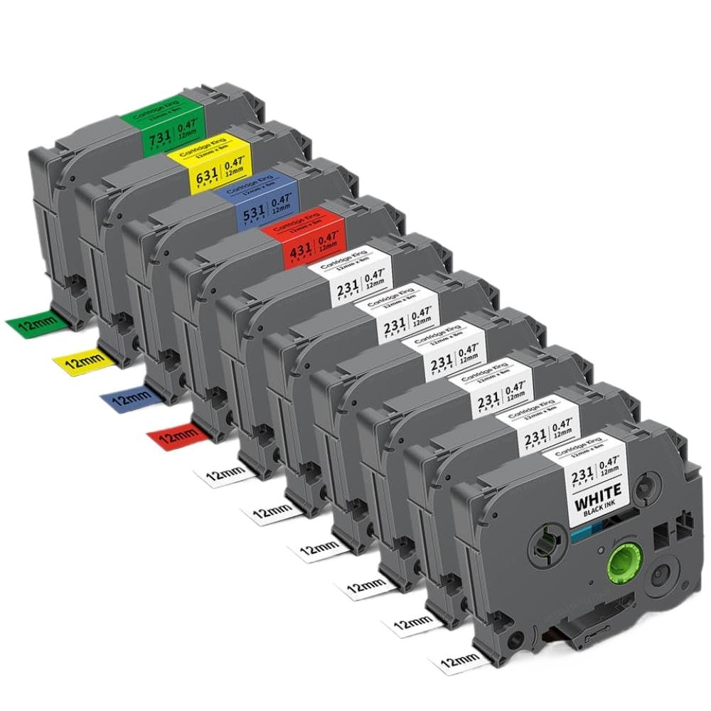 10PK 12mm TZe231 Laminated Labels Black On White Works with PT Label Maker Replace for TZe-231(10PK Mixed Color 1)