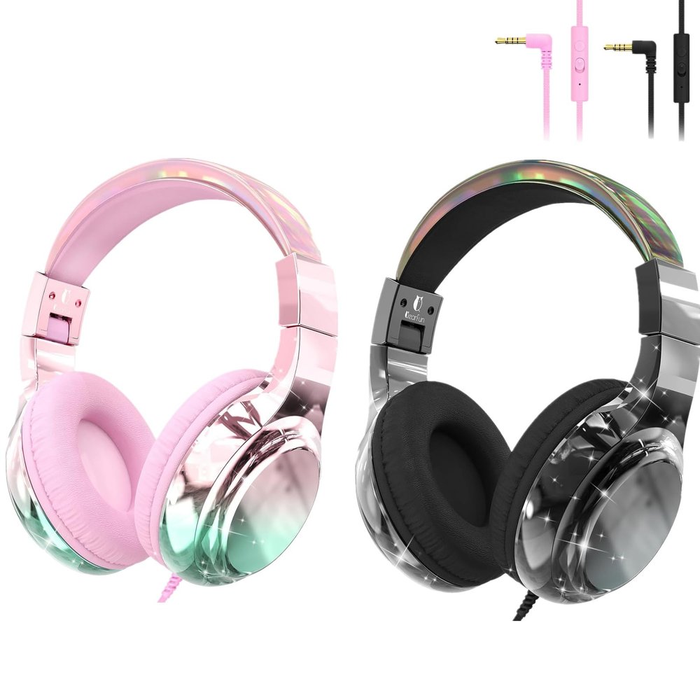 QearFun Gradient Pink+Gradient Black Kids Headphones Wired with 85/94dB Volume Limit, Foldable On-Ear Headset with Microphone & Audio Sharing Port for School, Travel, Tablet, iPad - for Boys & Girls