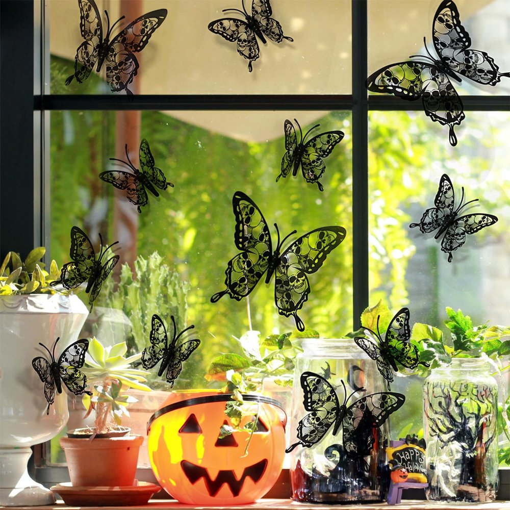 12 Pcs 3D Halloween Wall Sticker Evil Butterfly Skull Wall Decals Peel and Stick Black White Wall Cling Decoration for School Home Office Bathroom Halloween Party Supplies Decor