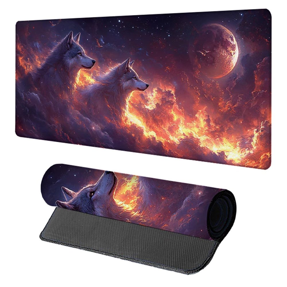 Wolf Gaming Mouse Pad, Mouse Pad 32x16in, Large Desk Mat with Non-Slip Rubber Base, Office Desk Accessories, Large Extended Gaming Keyboard Mat, Big Mousepad for Computer Gamer Office, Orange U-4020