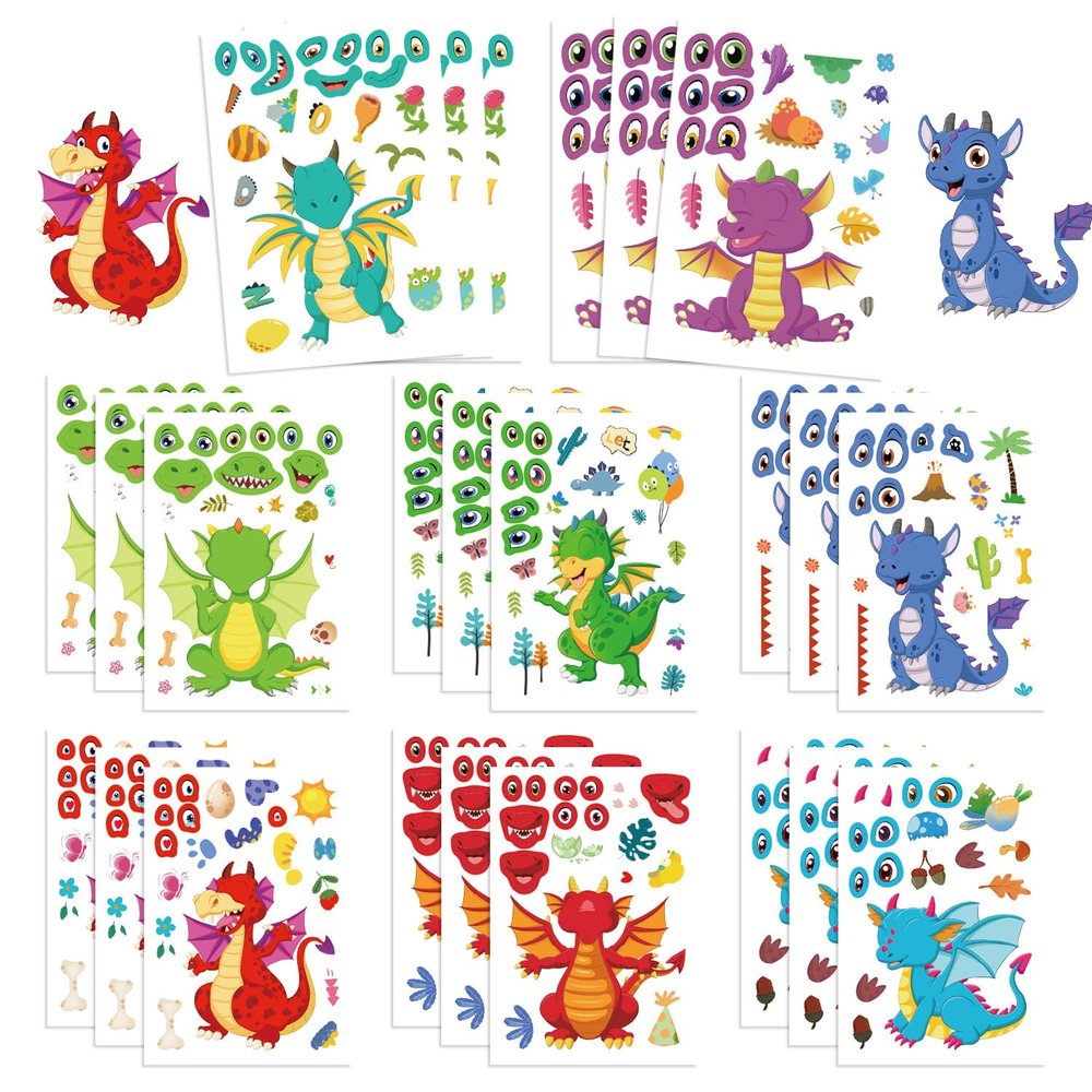 24 Sheet Dragon Stickers,Make Your Own Dragon Sticker for Kids,Cartoon Make-a-face Sticker,Girls Boys Dragons Birthday Party Decorations, DIY Party Favor Supplies,Art Craft Party Supplies(Long)