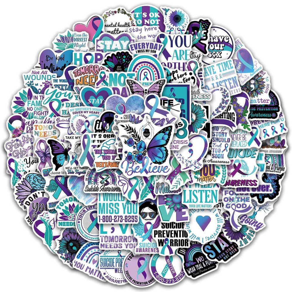 100 PCS World Suicide Prevention Day Stickers for Water Bottles Vinyl Waterproof Suicide Awareness Stickers for Laptop Hydroflask Journaling