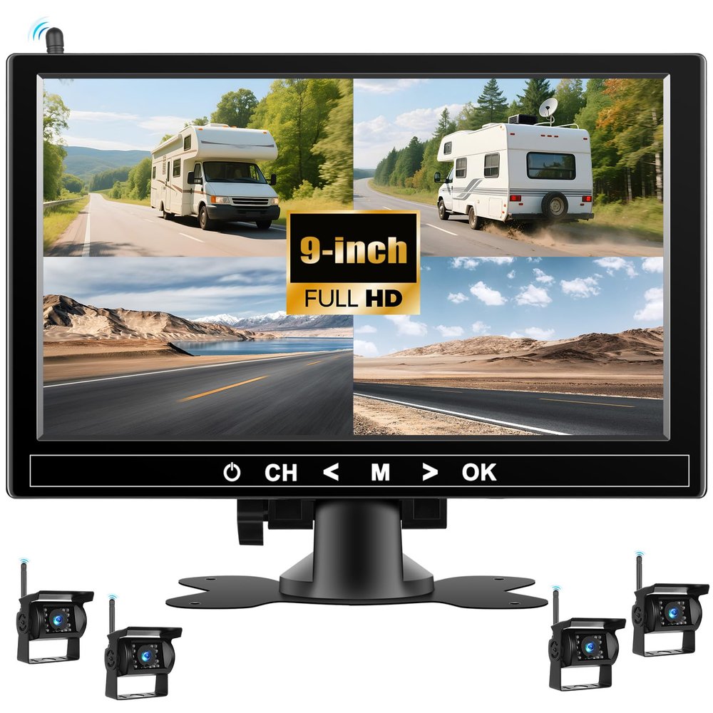 1080P Wireless RV Backup Camera System,9 Inch Reverse Camera Monitor for 4 Channels with IP69 Waterproof Night Vision Backup Camera Front Rear View Camera for Truck/RV/Van/SUV/Pickup