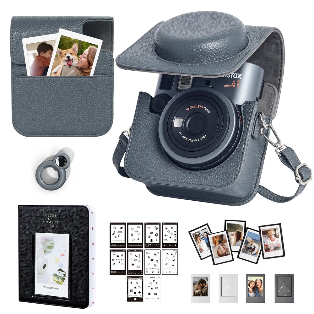 CAIYOULE Accessories Kit for Fujifilm Instax Mini 41 Instant Camera, Mini 41 PU Camera Case with 5 Magnetic Frames, 64 Photo Album, 4 Photo Frames, 10 DIY Stickers and Selfie Mirror, No Camera, Grey