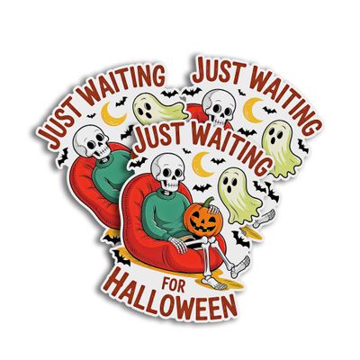 Just Waiting for Halloween Skeleton October Artist Decal Sticker for Car Body, Phones, Laptop, Windows, Water Bottles, Tumbler, Mug, Helmets