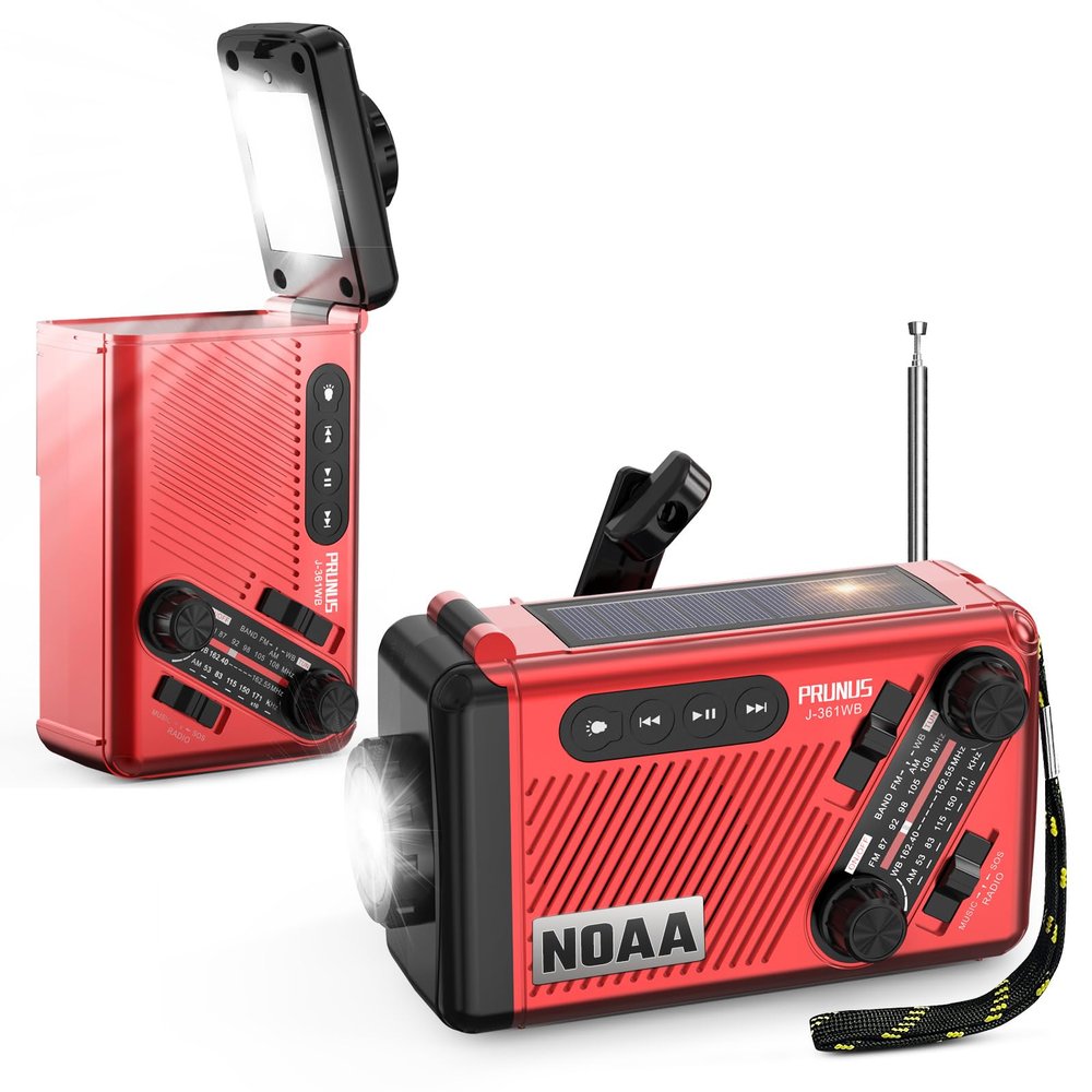 PRUNUS J-361 Emergency Weather Radio, 9250mWh Power Bank,AA Batteries/Hand Crank/Solar/USB Charging, NOAA/AM/FM, LED Flashlight,SOS Alarm & Flashlight, 1 Pack