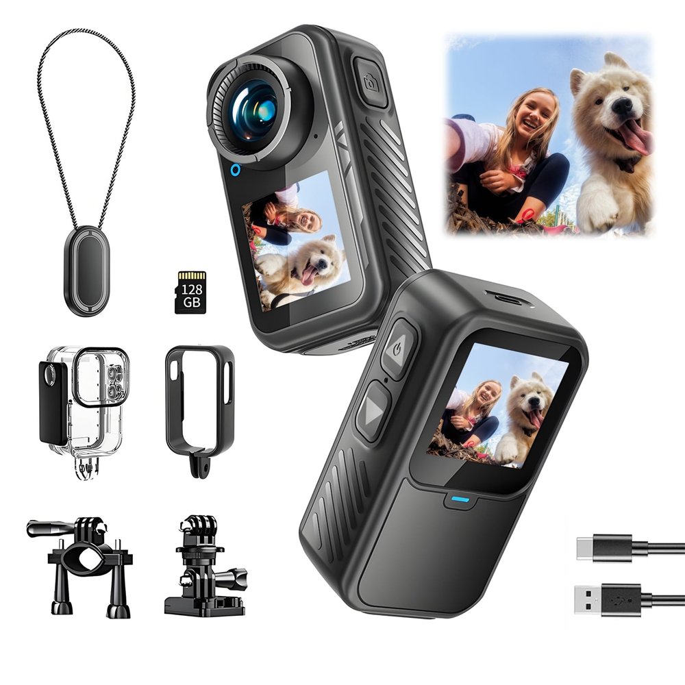 NUISK Mini Action Camera 4K | 128G Thumb Sports Camera with EIS Stabilization, Wearable POV Chest Camera, Waterproof for Running, Cycling, Swimming, Hiking, Outdoor Adventures