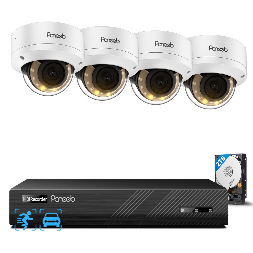 PANOOB 4K Home Security Camera System, 4pcs 8MP Wired IP Vandal IK10 Dome Cameras Outdoor, AI Person Vehicle Detection, Smart Color Night Vision, 2 Way Audio, 4K 8CH NVR with 2TB HDD, PD54Y0408-8M