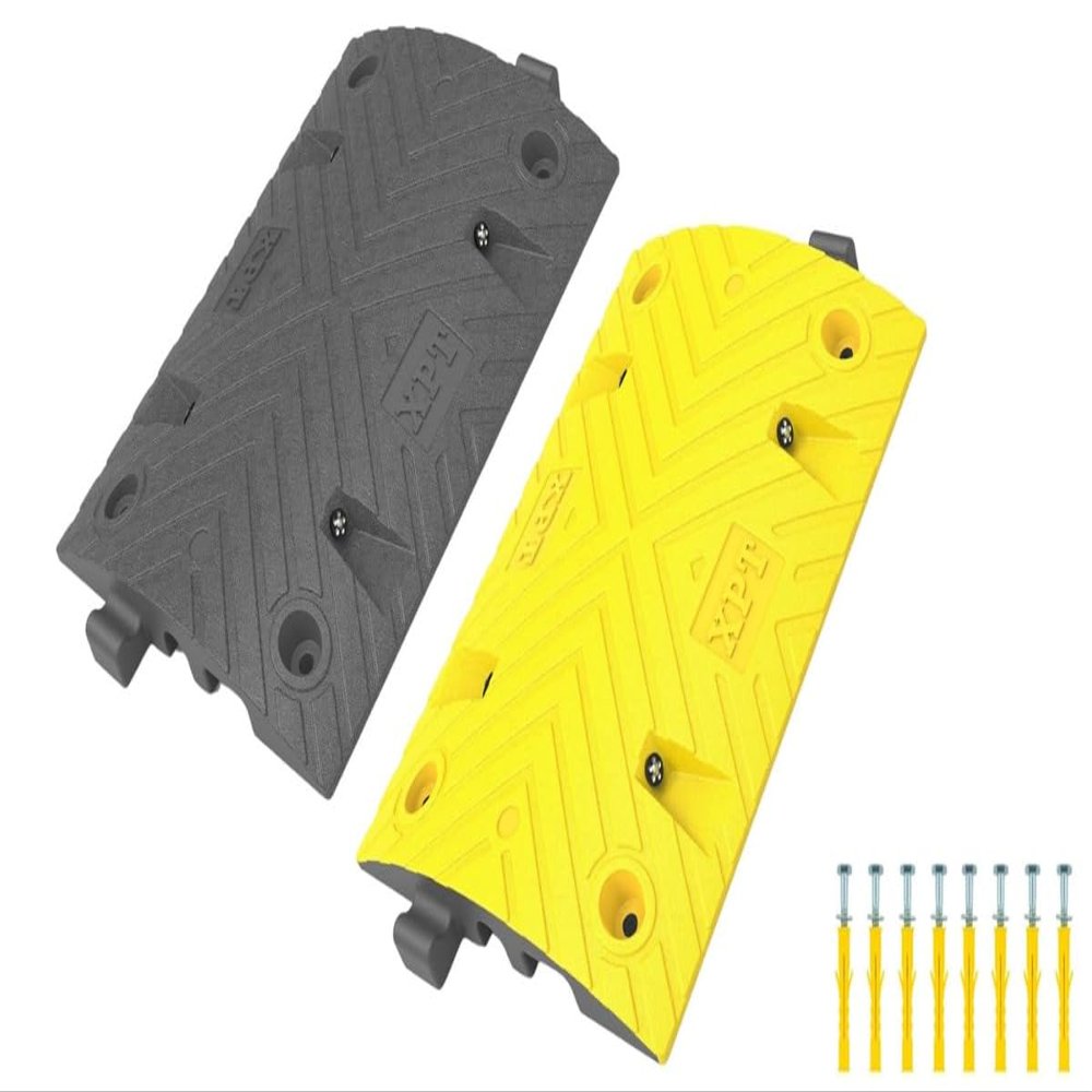 Pittman XPT Eco Mid-Sections for Modular Speed Bump Kit, Heavy Duty Plastic-Rubber Reflective Traffic Hump for Asphalt, Concrete, 1 Black + 1 Yellow, Includes Mounting Hardware - 8 Bolts (752018)