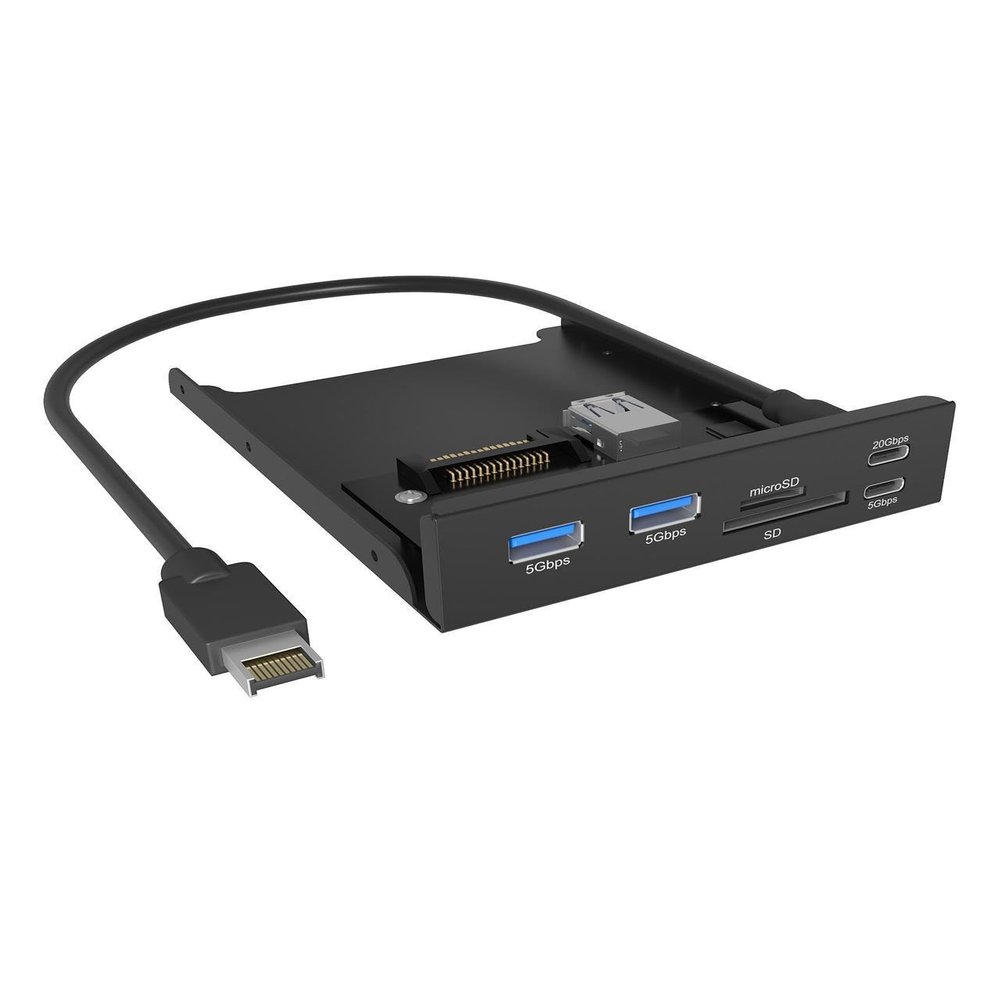 ICY Box IB-HUB1419-i3 Faceplate Adapter 3.5 Inch Slot with USB-C 20 Gbit/s, USB-C 5 Gbit/s, 2 x USB-A 5 Gbit/s, SD/microSD Card Reader, Metal Housing
