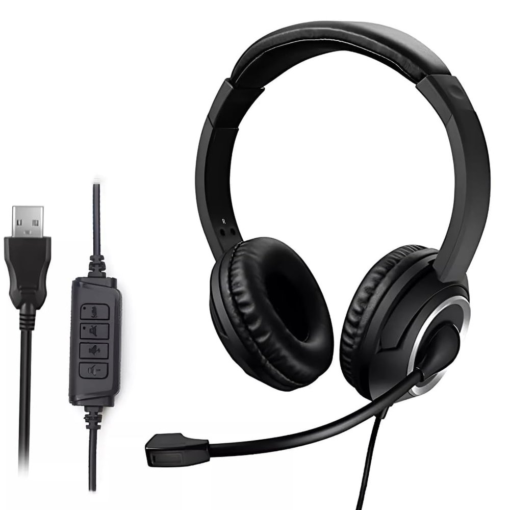 USB Wired Headset with Noise Cancelling Microphone, Over-Ear Design, Black, 6.5ft Cable, for PC, Laptop, Call Center