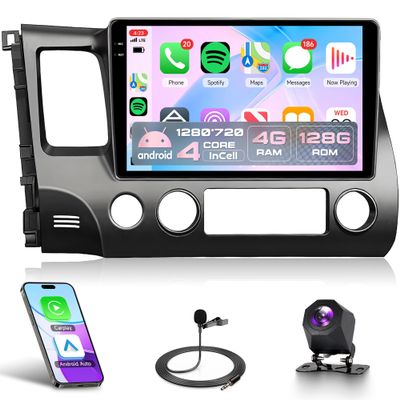 4Core 4G+128G Rimoody Android 15 Car Stereo Radio for Honda Civic 2006-2011,Wireless Carplay Andorid auto Mirror Link 10'' INCELL Touchscreen GPS WiFi Bluetooth 5.0 FM/RDS EQ SWC Backup Camera