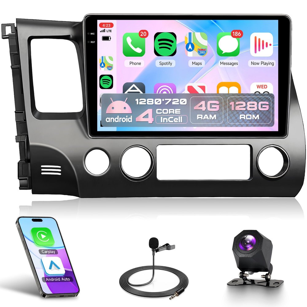 4Core 4G+128G Rimoody Android 15 Car Stereo Radio for Honda Civic 2006-2011,Wireless Carplay Andorid auto Mirror Link 10'' INCELL Touchscreen GPS WiFi Bluetooth 5.0 FM/RDS EQ SWC Backup Camera