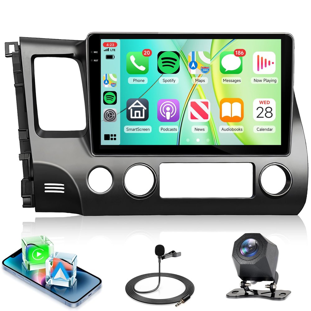 4Core 4G+64G Car Radio Stereo for Honda Civic 2006 2007 2008 2009 2010 2011, 10" Touch Screen Radio for Civic, Wireless Carplay Android Auto, Backup Camera, WiFi, Bluetooth, GPS, FM/RDS/EQ/USB/SWC