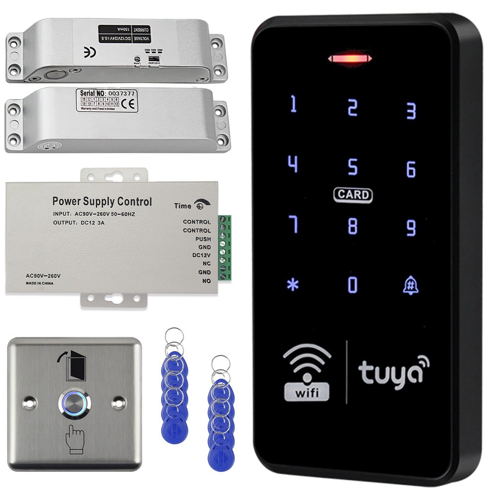 AccessShield WiFi Tuya Waterproof Access Control System Kit+RFID Keyboard +Power Supply+Door Switch Button+ 10pcs Keyfobs+(Lock)